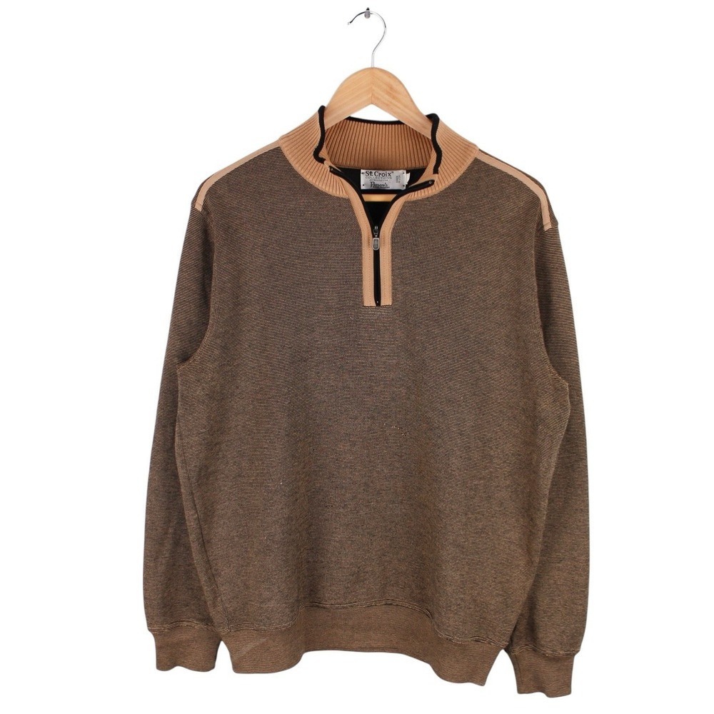 Vintage St. Croix Mens Quarter Zip Knit Sweater Brown Tan Mock Neck Size Large